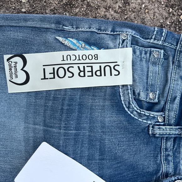 Sky Women's Light Blue Boot Cut Jeans with Red Embroidery and Bling Pockets - Picture 6 of 11